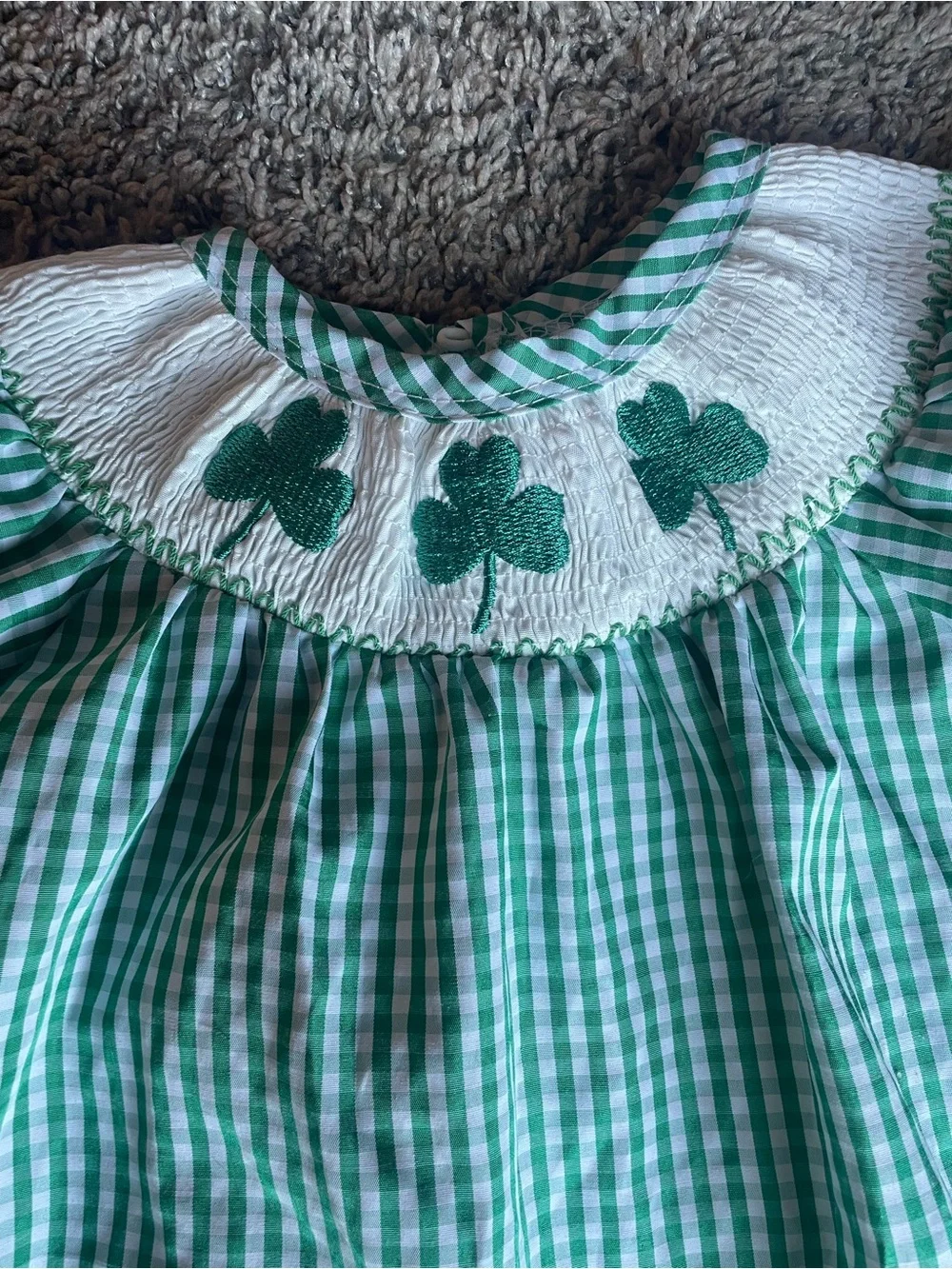 Green Gingham Smocked Baby Romper with Shamrock Embroidery